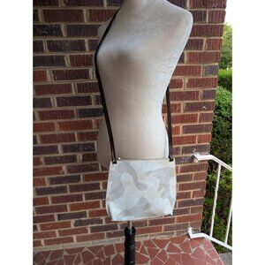B May Strappy Pouch Crossbody Bag- White Camouflage w/Chocolate Brown Strap